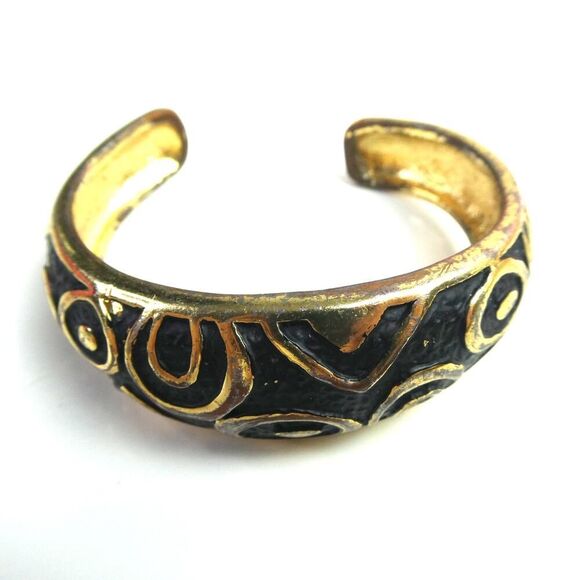 Gold Tone Black Swirl Chunky Cuff Bracelet Boho Vintage Style Distressed Cute - Picture 1 of 6